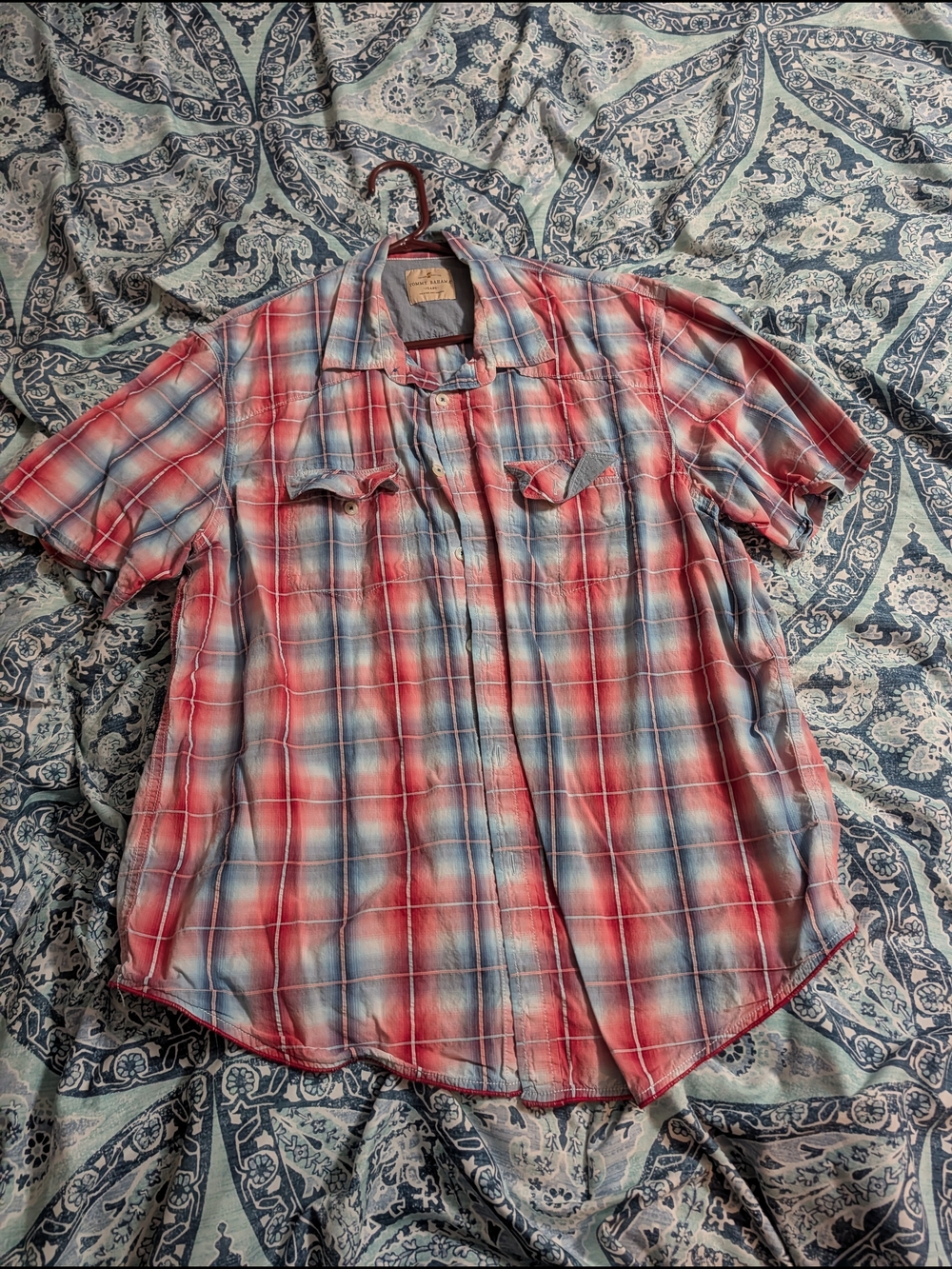 Tommy Bahama Red and Blue Plaid Short-Sleeve Button-Down Shirt